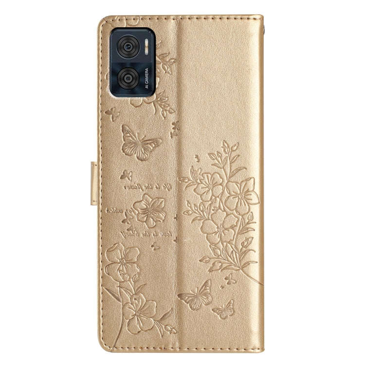 For Motorola Moto E22 Butterflies and Flowers Leather Phone Case(Gold)