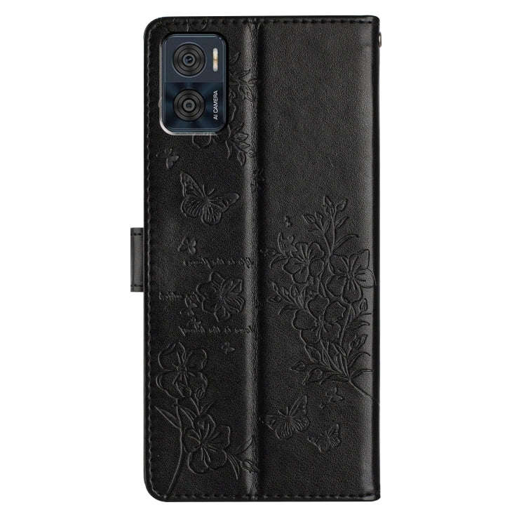 For Motorola Moto E22 Butterflies and Flowers Leather Phone Case(Black)