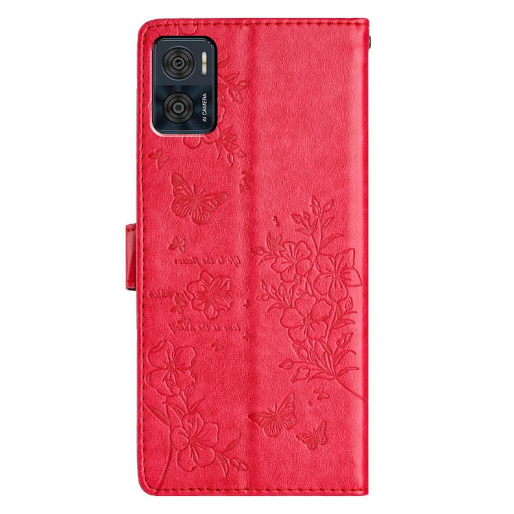 For Motorola Moto E22 Butterflies and Flowers Leather Phone Case(Red)
