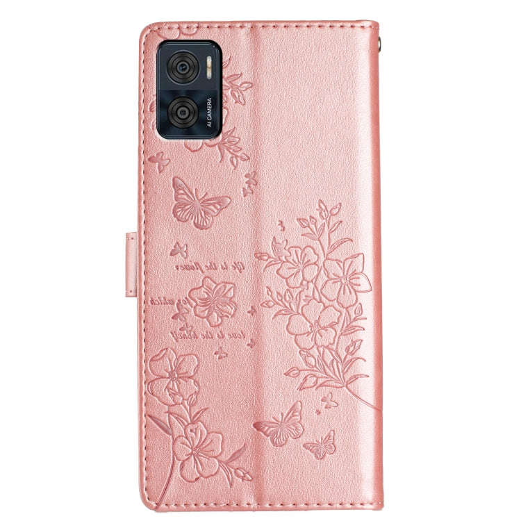 For Motorola Moto E22 Butterflies and Flowers Leather Phone Case(Rose Gold)