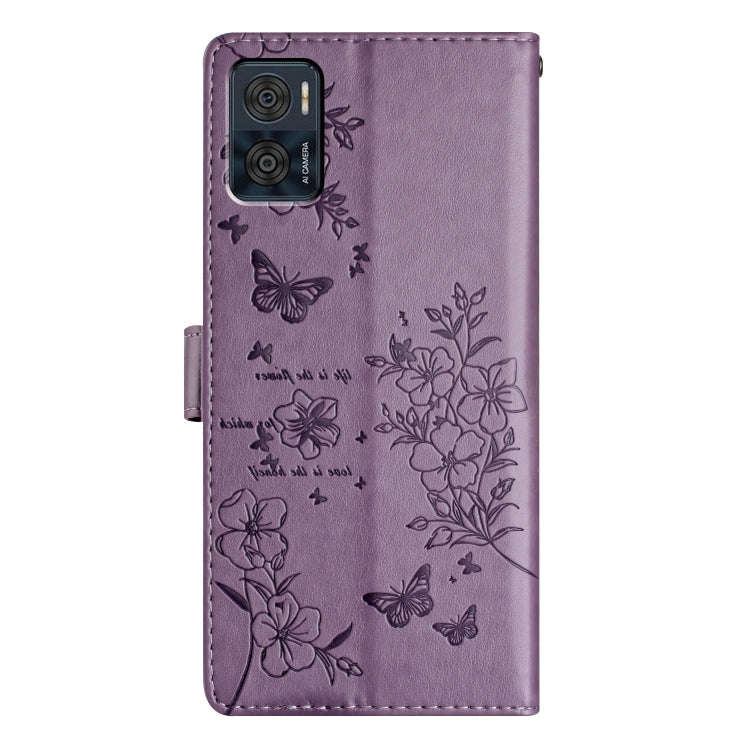 For Motorola Moto E22 Butterflies and Flowers Leather Phone Case(Purple)