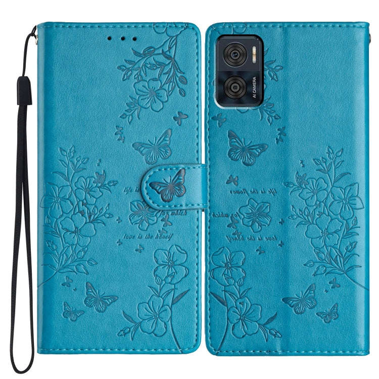 For Motorola Moto E22 Butterflies and Flowers Leather Phone Case(Blue)