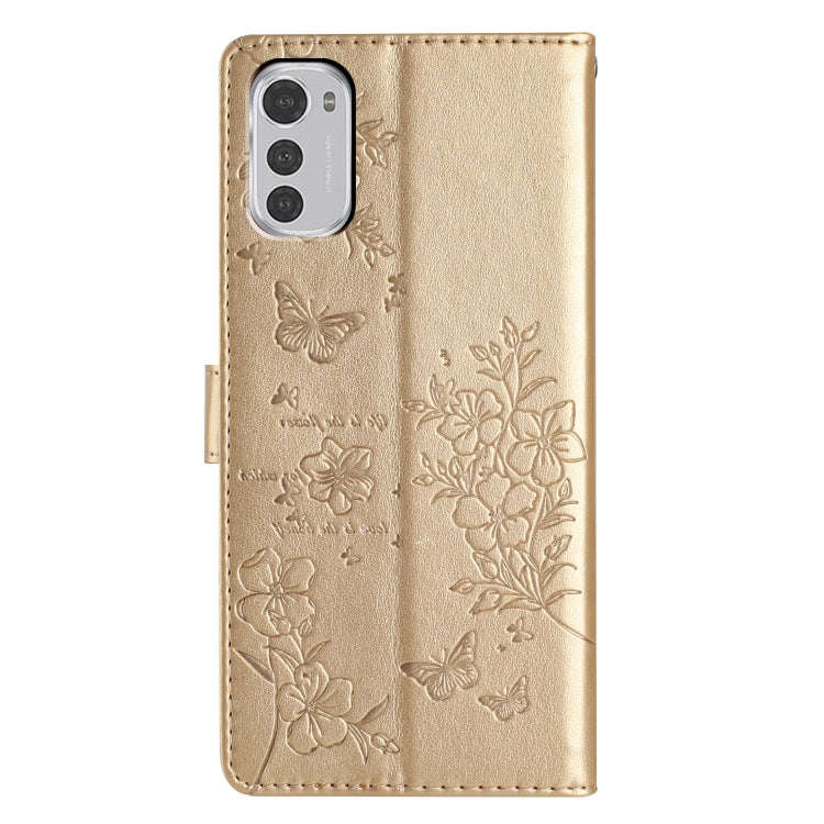For Motorola Moto E32 Butterflies and Flowers Leather Phone Case(Gold)