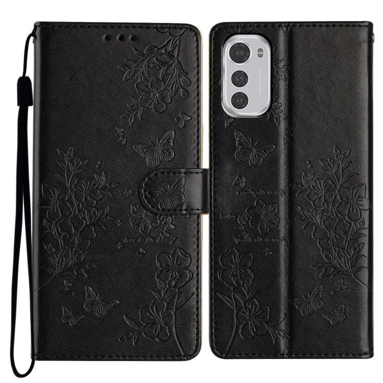 For Motorola Moto E32 Butterflies and Flowers Leather Phone Case(Black)