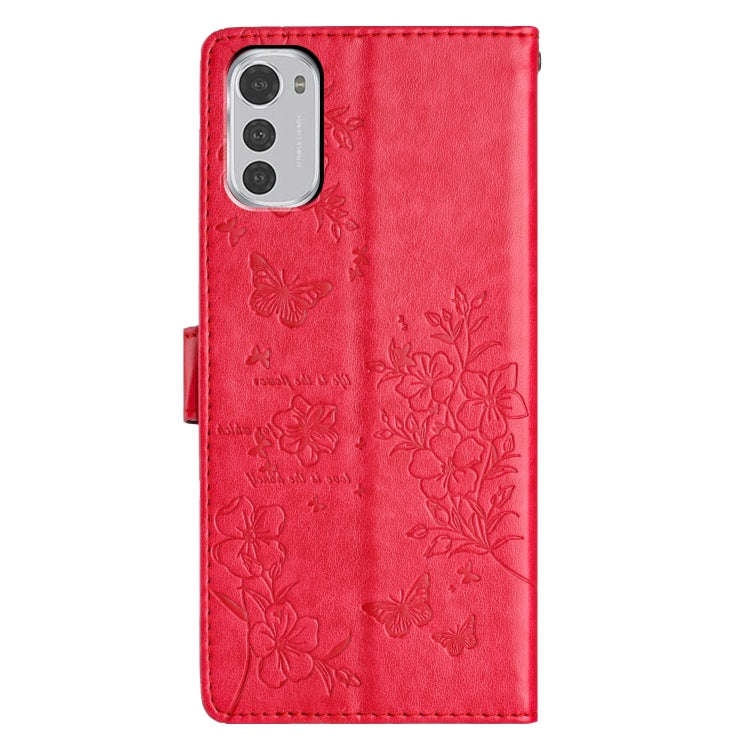 For Motorola Moto E32 Butterflies and Flowers Leather Phone Case(Red)