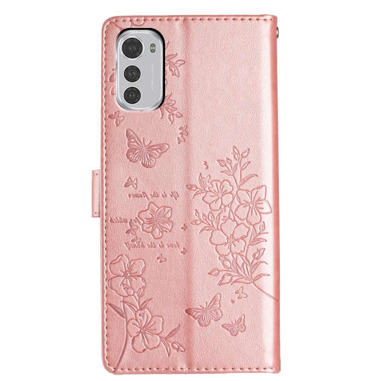 For Motorola Moto E32 Butterflies and Flowers Leather Phone Case(Rose Gold)