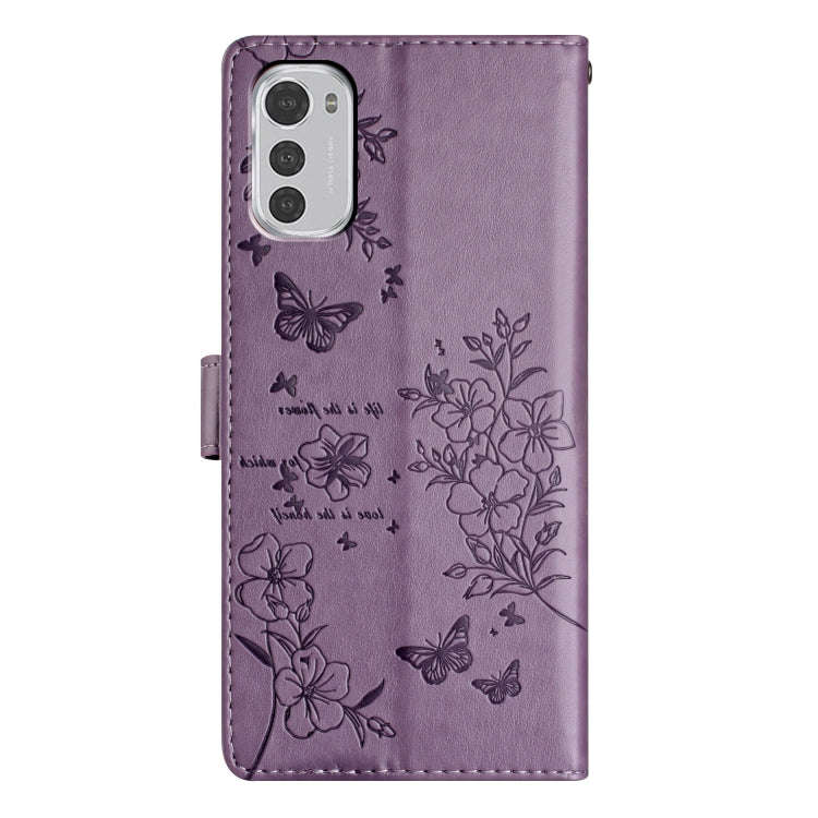 For Motorola Moto E32 Butterflies and Flowers Leather Phone Case(Purple)