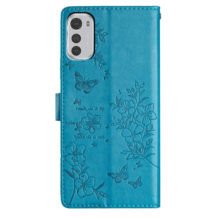 For Motorola Moto E32 Butterflies and Flowers Leather Phone Case(Blue)