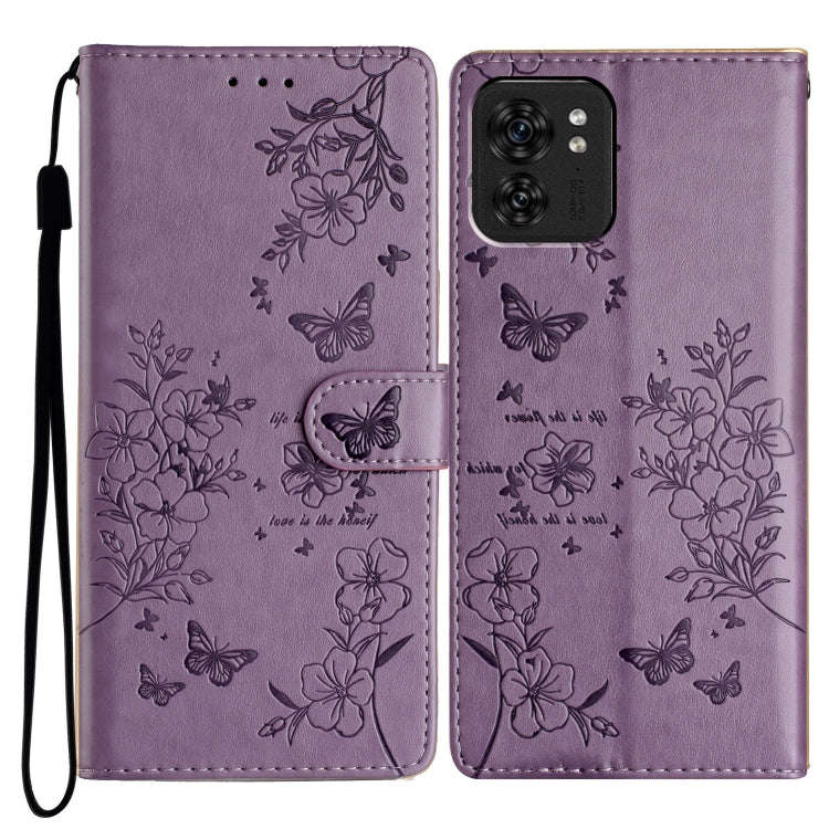 For Motorola Edge 40 Butterflies and Flowers Leather Phone Case(Purple)