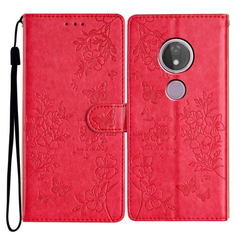 For Motorola Moto G7 Power Butterflies and Flowers Leather Phone Case(Red)