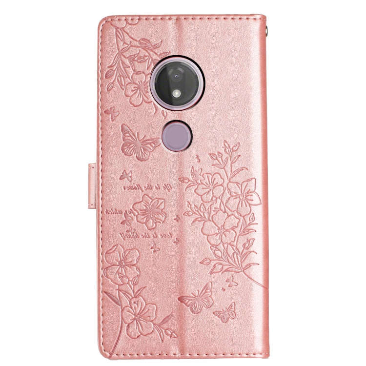 For Motorola Moto G7 Power Butterflies and Flowers Leather Phone Case(Rose Gold)