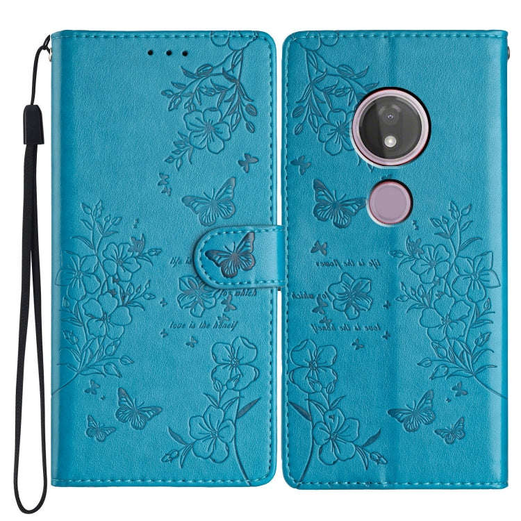 For Motorola Moto G7 Power Butterflies and Flowers Leather Phone Case(Blue)