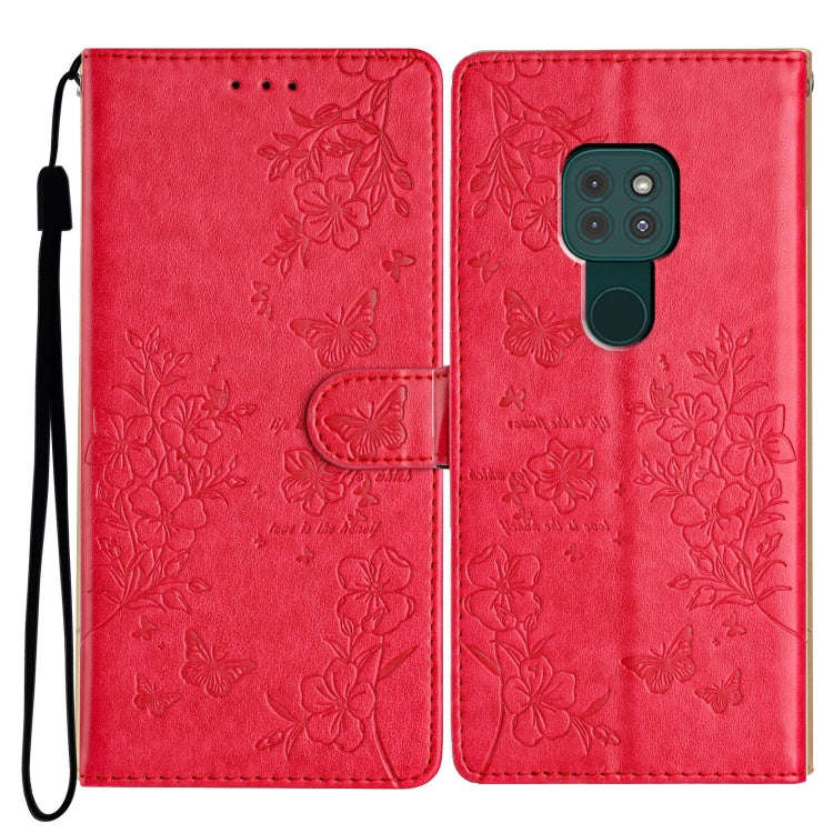 For Motorola Moto G9 / G9 Play Butterflies and Flowers Leather Phone Case(Red)