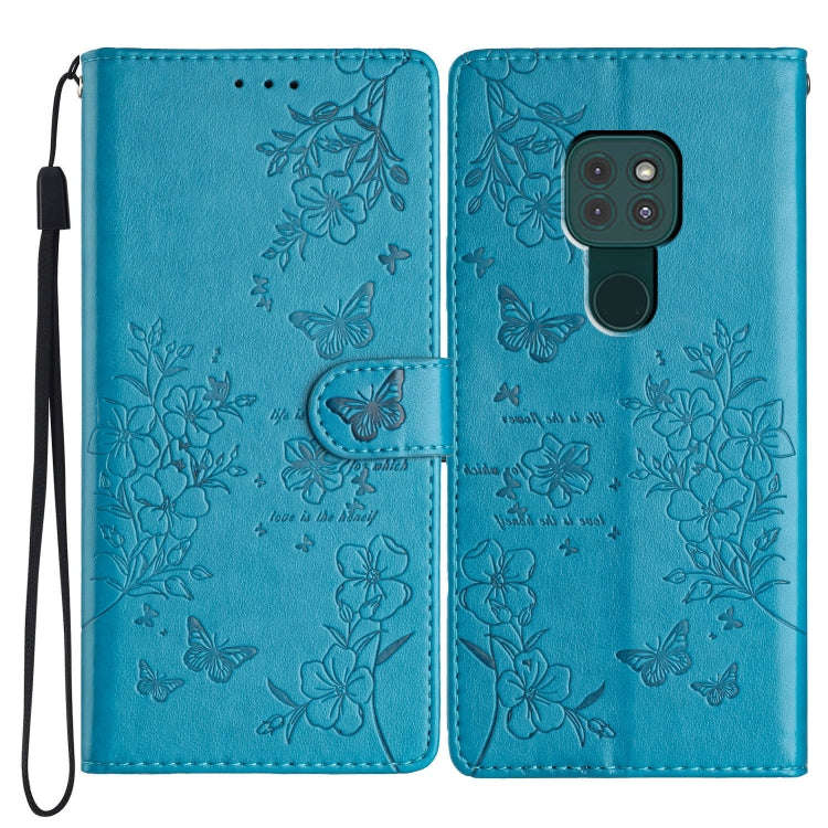 For Motorola Moto G9 / G9 Play Butterflies and Flowers Leather Phone Case(Blue)