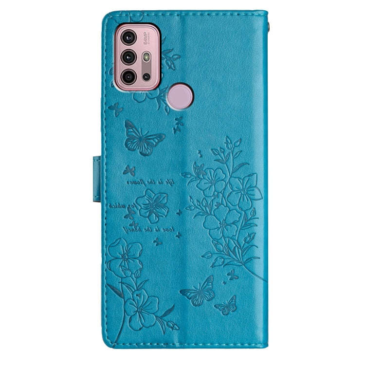 For Motorola Moto G10  / G20 Butterflies and Flowers Leather Phone Case(Blue)