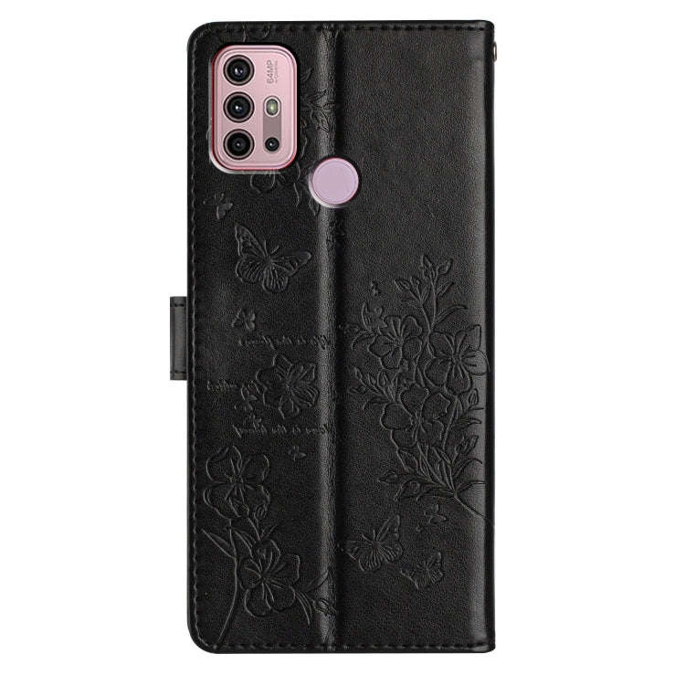 For Motorola Moto G30 Butterflies and Flowers Leather Phone Case(Black)
