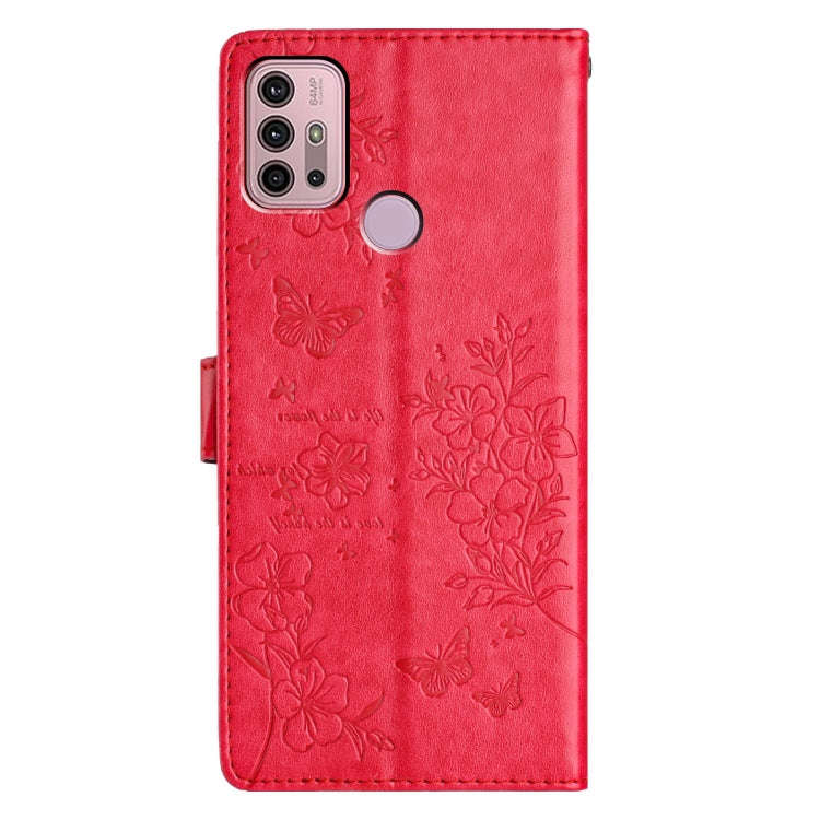 For Motorola Moto G30 Butterflies and Flowers Leather Phone Case(Red)