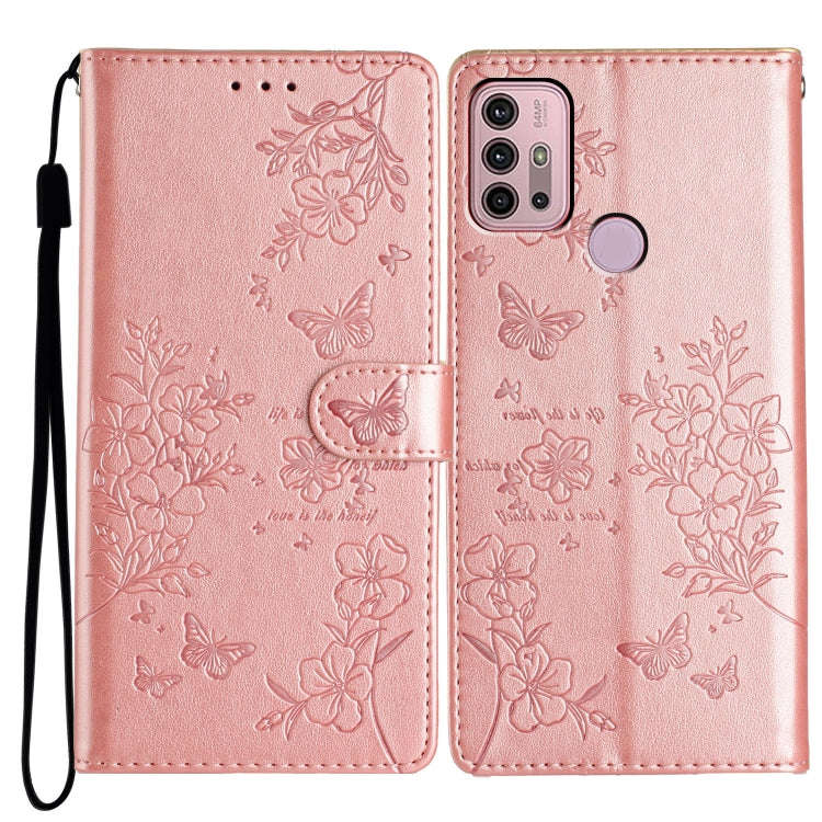 For Motorola Moto G30 Butterflies and Flowers Leather Phone Case(Rose Gold)