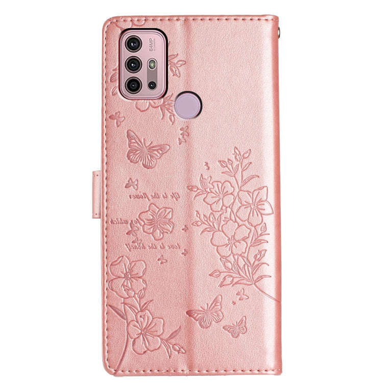 For Motorola Moto G30 Butterflies and Flowers Leather Phone Case(Rose Gold)