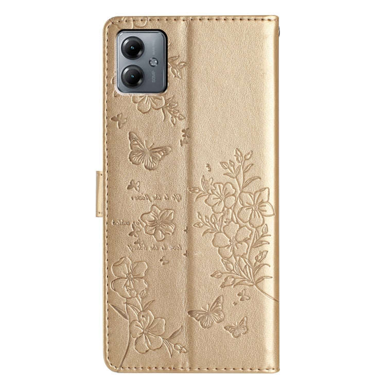 For Motorola Moto G14 Butterflies and Flowers Leather Phone Case(Gold)