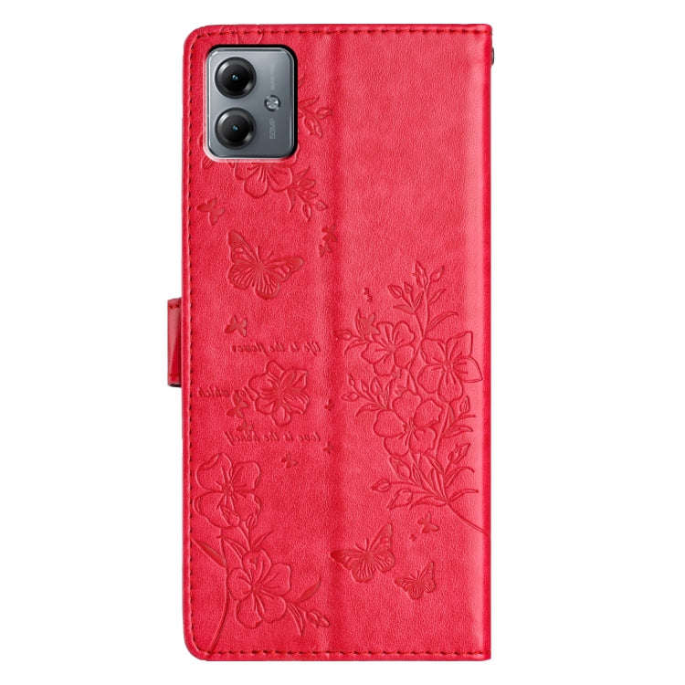 For Motorola Moto G14 Butterflies and Flowers Leather Phone Case(Red)