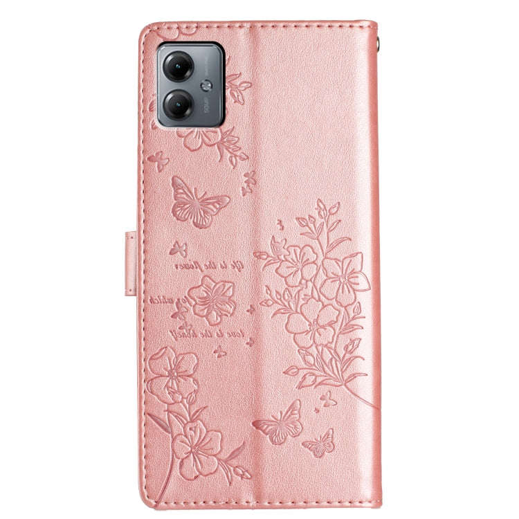 For Motorola Moto G14 Butterflies and Flowers Leather Phone Case(Rose Gold)