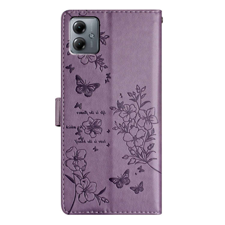 For Motorola Moto G14 Butterflies and Flowers Leather Phone Case(Purple)