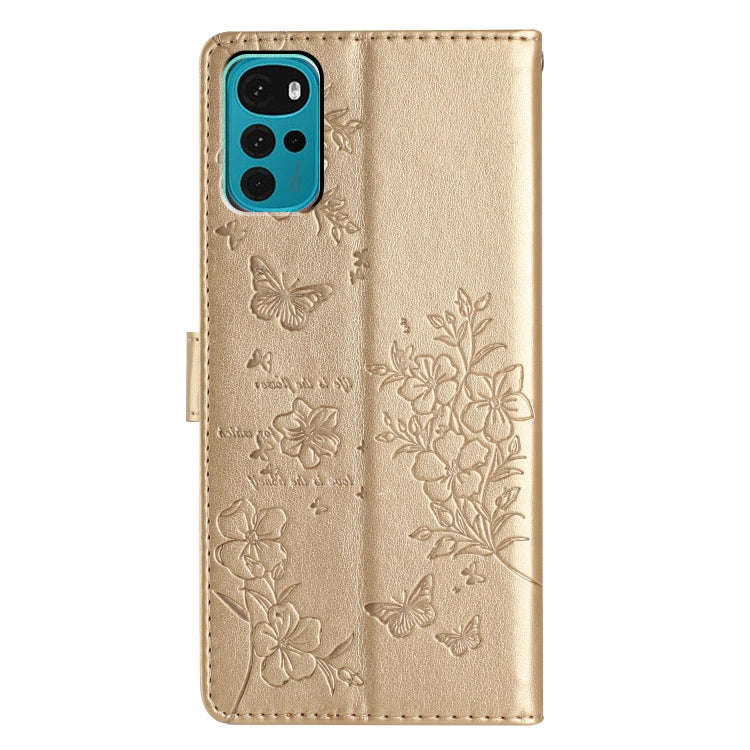 For Motorola Moto G22 Butterflies and Flowers Leather Phone Case(Gold)