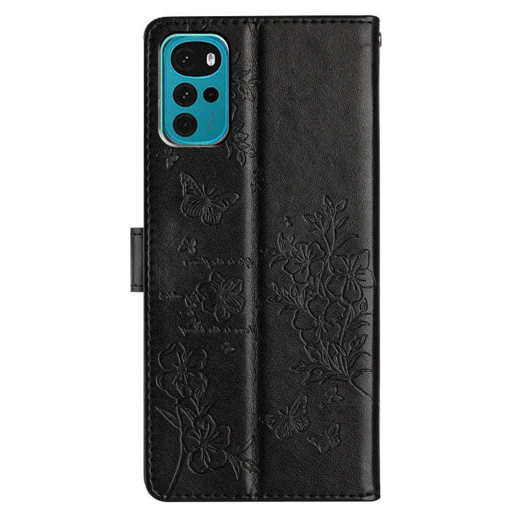 For Motorola Moto G22 Butterflies and Flowers Leather Phone Case(Black)