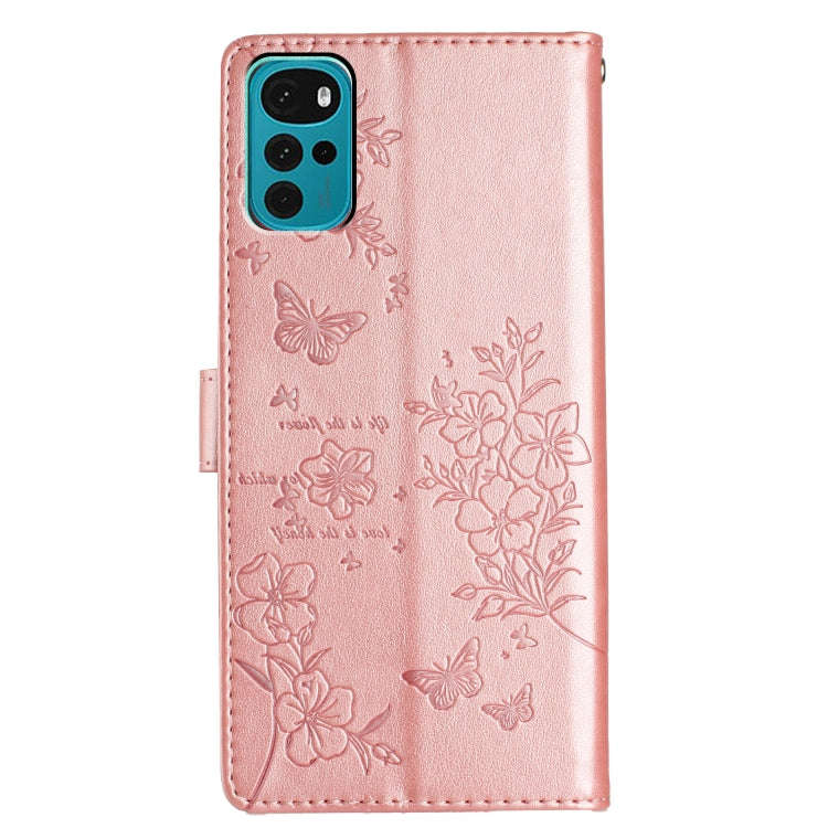 For Motorola Moto G22 Butterflies and Flowers Leather Phone Case(Rose Gold)