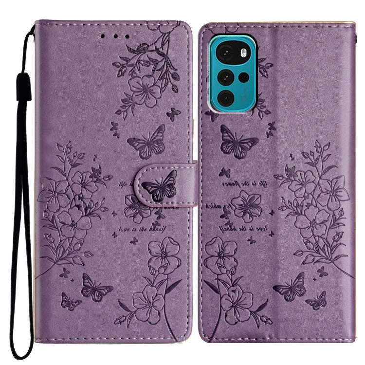 For Motorola Moto G22 Butterflies and Flowers Leather Phone Case(Purple)