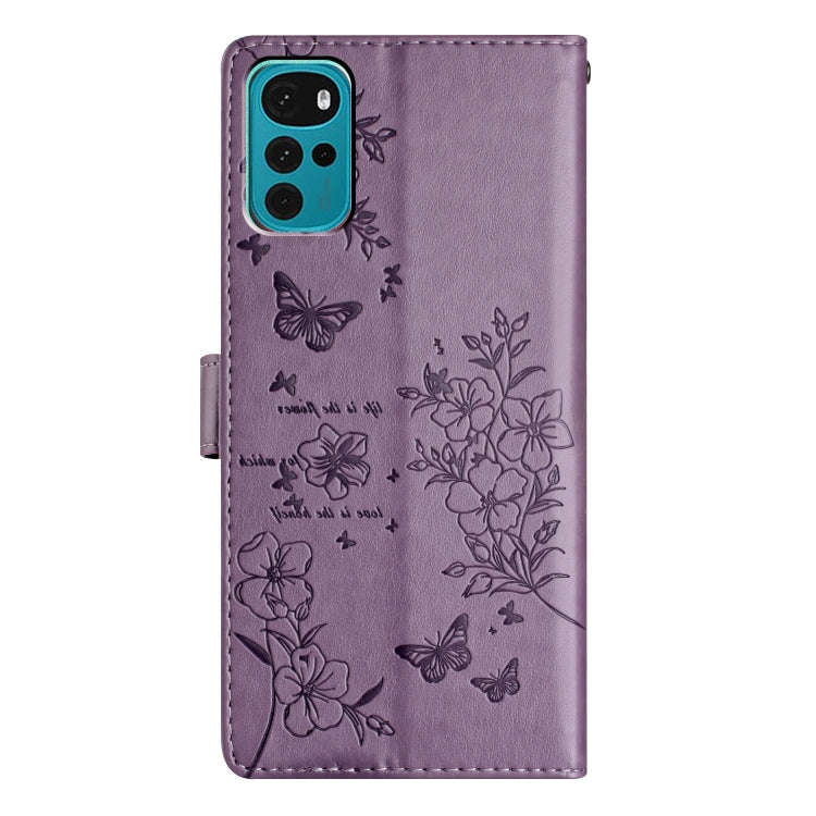 For Motorola Moto G22 Butterflies and Flowers Leather Phone Case(Purple)