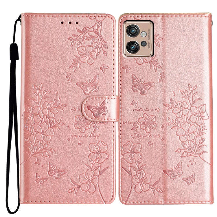 For Motorola Moto G32 Butterflies and Flowers Leather Phone Case(Rose Gold)