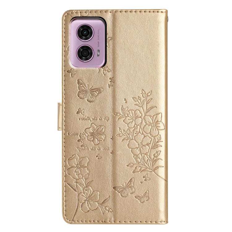 For Motorola Moto G34 Butterflies and Flowers Leather Phone Case(Gold)