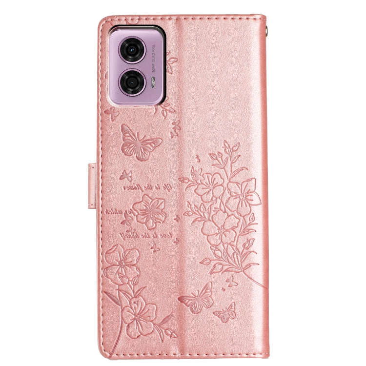 For Motorola Moto G34 Butterflies and Flowers Leather Phone Case(Rose Gold)