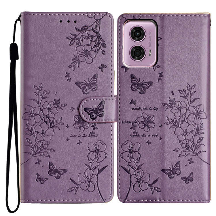 For Motorola Moto G34 Butterflies and Flowers Leather Phone Case(Purple)