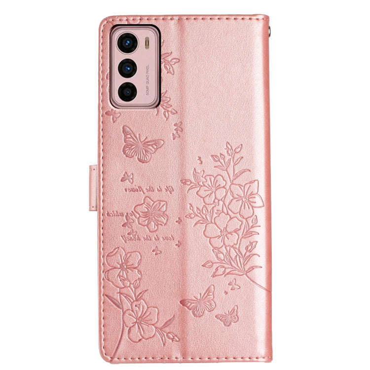 For Motorola Moto G42 Butterflies and Flowers Leather Phone Case(Rose Gold)
