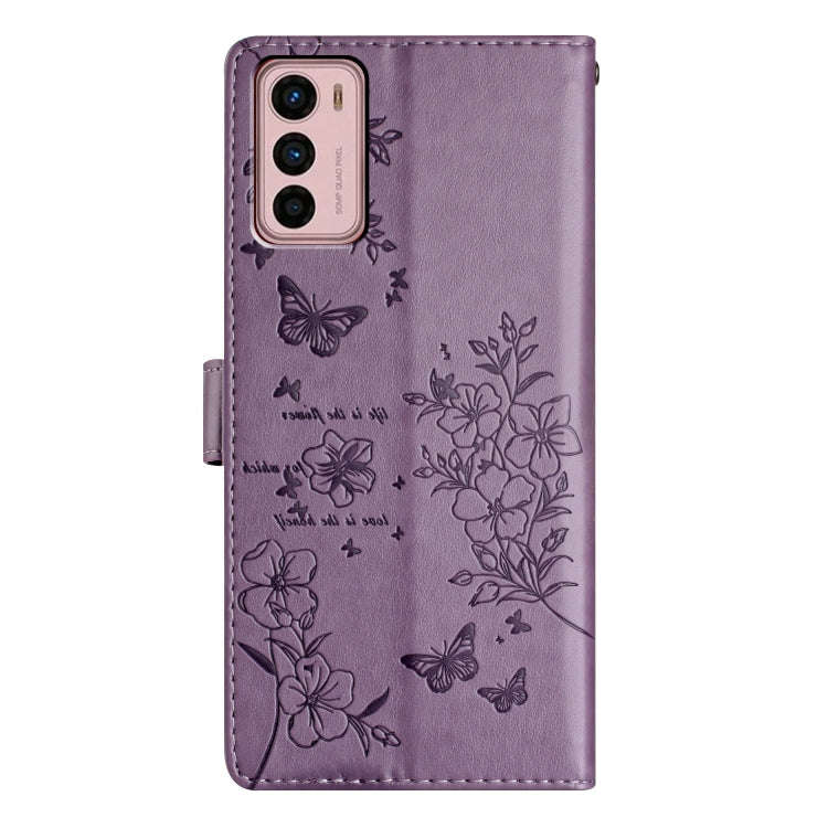 For Motorola Moto G42 Butterflies and Flowers Leather Phone Case(Purple)
