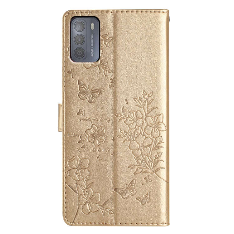 For Motorola Moto G50 Butterflies and Flowers Leather Phone Case(Gold)