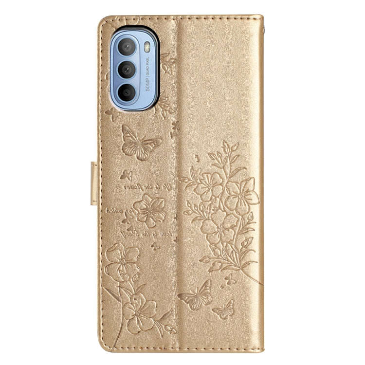For Motorola Moto G52 Butterflies and Flowers Leather Phone Case(Gold)
