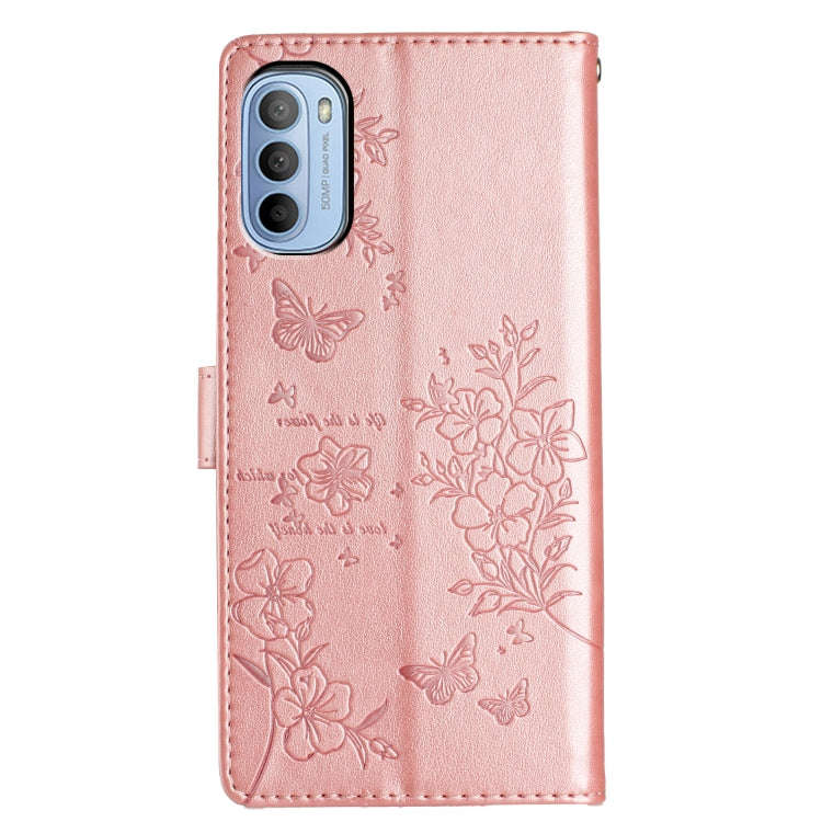 For Motorola Moto G52 Butterflies and Flowers Leather Phone Case(Rose Gold)