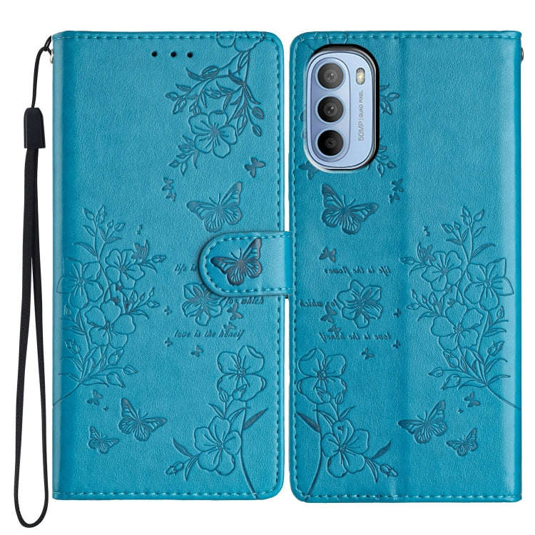 For Motorola Moto G52 Butterflies and Flowers Leather Phone Case(Blue)