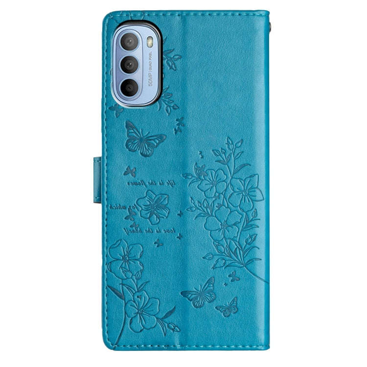 For Motorola Moto G52 Butterflies and Flowers Leather Phone Case(Blue)