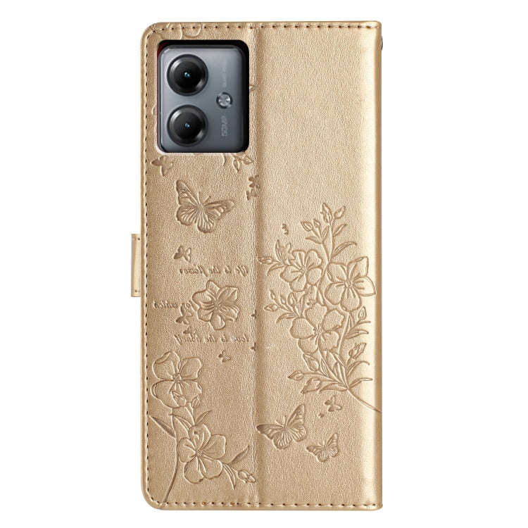For Motorola Moto G54 Butterflies and Flowers Leather Phone Case(Gold)