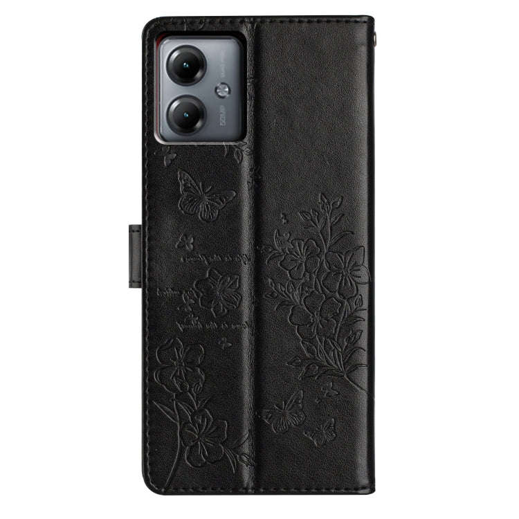 For Motorola Moto G54 Butterflies and Flowers Leather Phone Case(Black)
