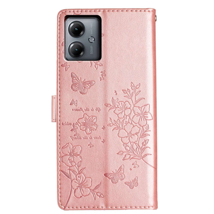 For Motorola Moto G54 Butterflies and Flowers Leather Phone Case(Rose Gold)