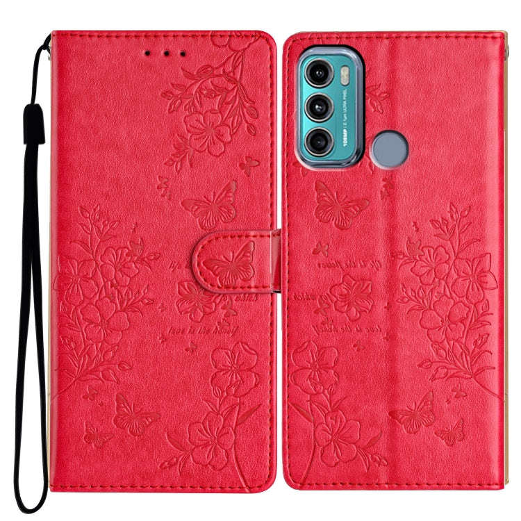 For Motorola Moto G40 Fusion Butterflies and Flowers Leather Phone Case(Red)