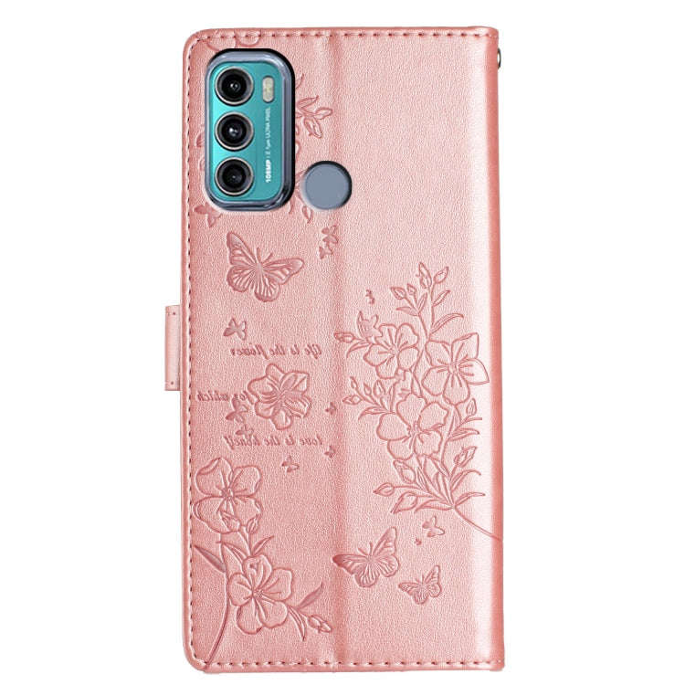 For Motorola Moto G40 Fusion Butterflies and Flowers Leather Phone Case(Rose Gold)