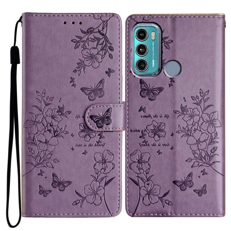 For Motorola Moto G40 Fusion Butterflies and Flowers Leather Phone Case(Purple)