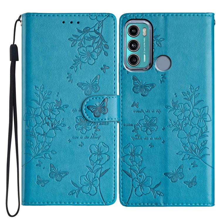 For Motorola Moto G40 Fusion Butterflies and Flowers Leather Phone Case(Blue)